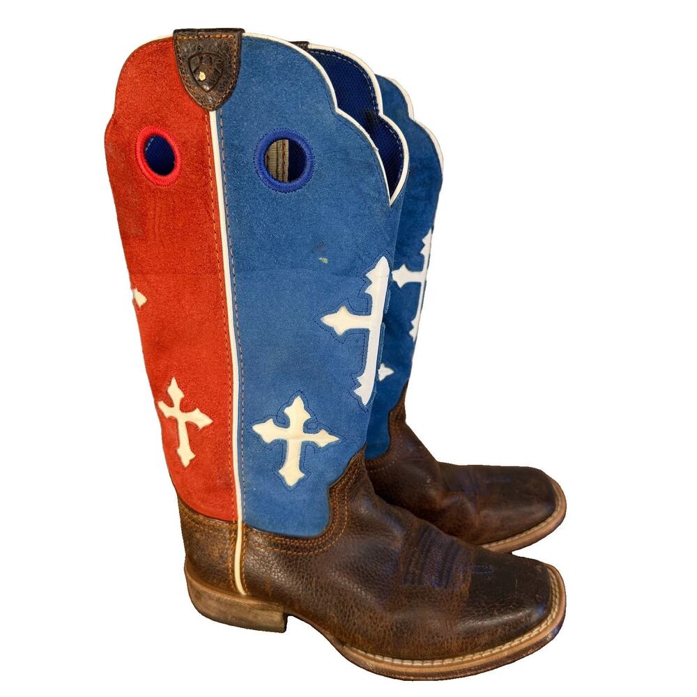 Ariat Brown Leather Red White Blue Cross Cowboy Boots 10016228 Boys size 11